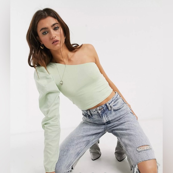Bershka Tops - Bershka one shoulder puff sleeve poplin top